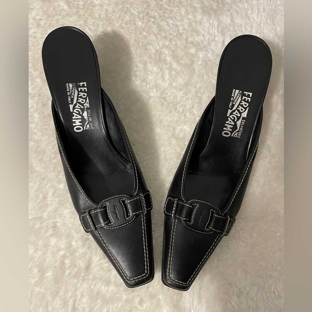 Salvatore Ferragamo Vintage Black Leather Kitten Heel Mules